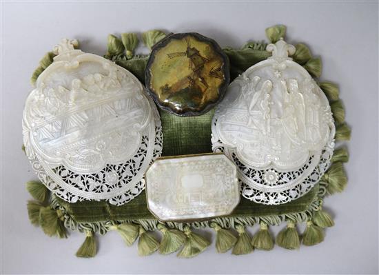 A Chinese mother of pearl snuff box, two Neapolitan carved plaques and a pressed metal snuff box